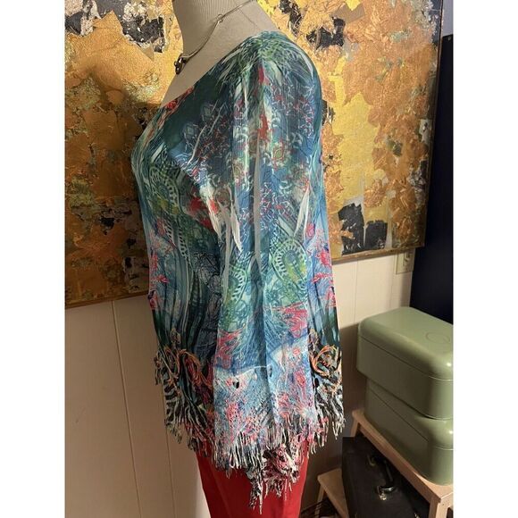 Art To Wear Mushka Sienna Rose Medium Tunic Fringed Cut Outs Hem Bell Sleeves - Picture 5 of 9